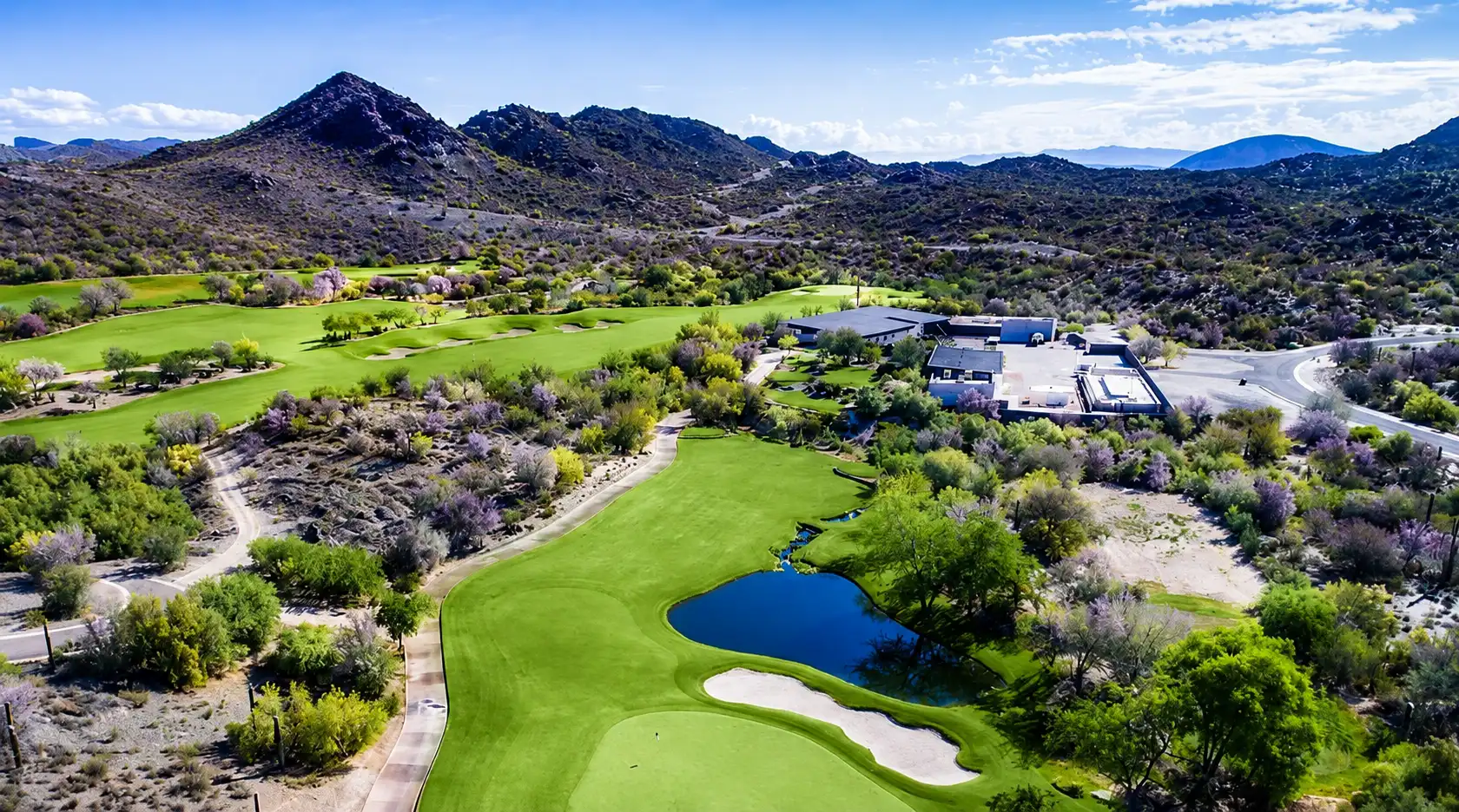 Aerial view of Quintero Golf Club surrounded by Arizona desert mountains
